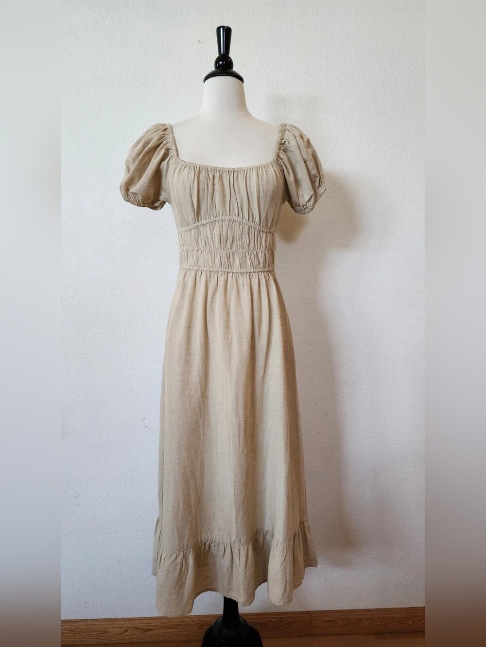 Beige Puff-Sleeve Midi Dress - Classic Square Neck